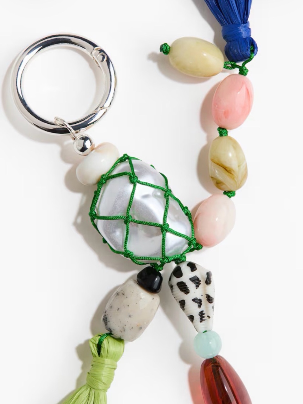 Beaded Tassel Bracelet Charm with Green Netting and Multicolor Beads